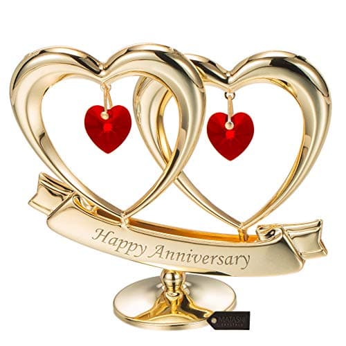 Matashi 24K Gold Plated "Happy Anniversary" Double Heart Table Top Ornament With Red-Cut Crystals