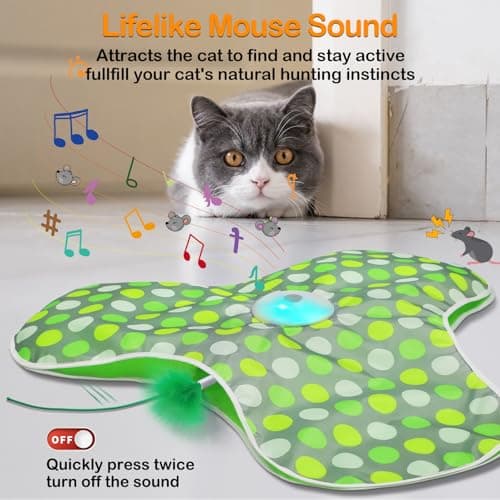 Interactive Cat Toys Rechargeable,Moving Concealed Feathers,Real Mouse Squeaky,Touch Activated Cat Kitten Toy Exercise Toys for Indoor Bored Adult Cats