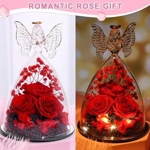 Mothers Day Mom Gifts for Women Preserved Flowers in Glass Angel Forever Flowers Gifts Eternal Roses Gifts for Grandma - Red
