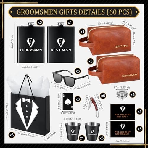 60Pcs Groomsmen Gifts Set of 6, Groomsmen Proposal Box with Flasks Sunglasses PU Leather Toiletry Bag Bottle Opener for Wedding Groomsman Best Man Gift