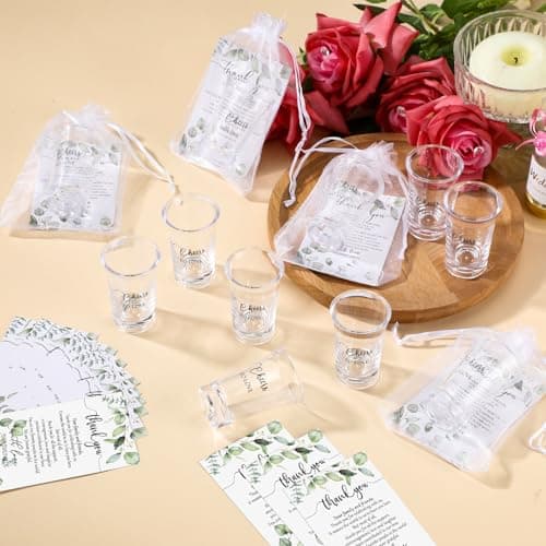 Uiifan 50 Sets Wedding Favors for Guests Wedding Shot Glasses Acrylic Clear Plastic Shot Glasses with Thank You Cards and Organza Bags for Guest Newlyweds Bridal Shower Gift (Cheers to Love)