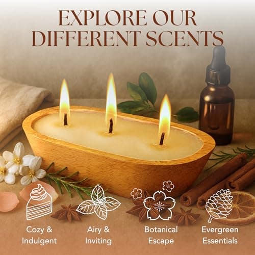 Dough Bowl Candle Co. Christmas Tree Soy Candle - 6 Wick Rustic Farmhouse Decor Odor Eliminator in Ornamental Wooden Bowls, 32 Ounce All-Natural Gifts for Women and Men, Wooden Decor Dough Bowls