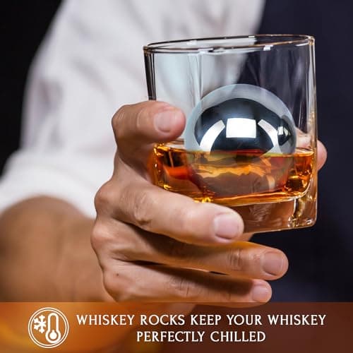 Gifts for Him - Men Dad Husband - 4 XL Stainless Steel Whisky Ice Balls, Special Tongs & Freezer Pouch in Luxury Gift Box for Whiskey Lovers!