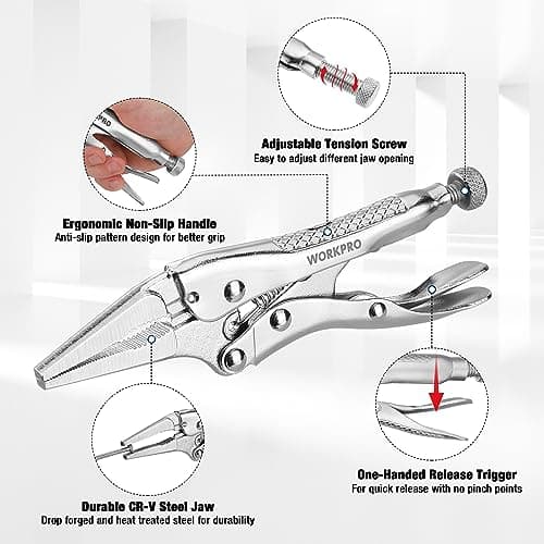 WORKPRO 4-1/2 inch Mini Long Nose Locking Pliers, Chromium-Vanadium Steel Locking Pliers, Locking Adjustable Vise Grips for Clamping Twisting Welding