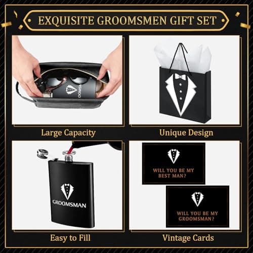 70Pcs Groomsmen Gifts Groomsmen Proposal Box with Flasks Sunglasses PU Leather Toiletry Bag Bottle Opener for Wedding Groomsman Best Man Gift (Black)