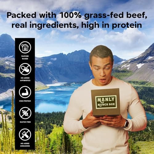 Manly Munch Box Jerky Gift Box, Curated Assortment of High Protein Snacks, Beef & Turkey Jerky Variety Pack Gift Set, Exotic Meat Gift for Men & Women