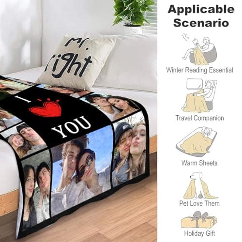Custom Blanket with Picture Text Customized Fleece Photo Blanket for Couples Gifts Personalized Blankets and Throws Christmas Birthday Gifts for Boyfriend Girlfriend