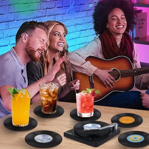 Funny Retro Record Coasters for Drinks with Vinyl Player Holder for Music Lovers,Set of 6 Conversation Piece Sayings Drink Coaster,Housewarming Hostess Wedding Registry Gift Ideas