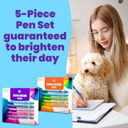Funny Dog Mom Gift Pen Set – 5 Black Ink Ballpoint Pens with Stylus Tips & Durable Metal Barrels with Hilarious Doggy Quotes – Cute Dog Mom Gift for Women, Fur Mamas, Rescue Lovers, Friends