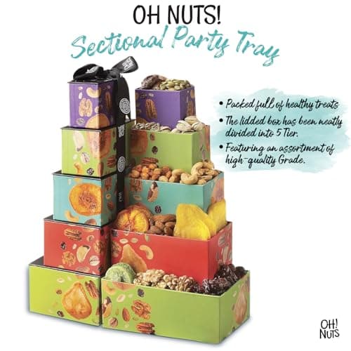Oh! Nuts Dried Fruit and Nuts Gift Basket Tower with Black Ribbon Gift Basket, 5 Tier Gourmet Arrangement Platter, Healthy Kosher Snack Box for Birthday, Anniversary