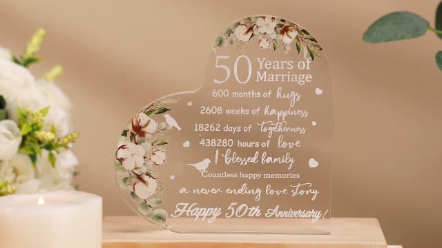Yulejo Wedding Gift for Her: 50th Anniversary Keepsake Acrylic Heart Decor (White, 15.1 x 15.1 x 1.4 cm / 5.9 x 5.9 x 0.55 inches)