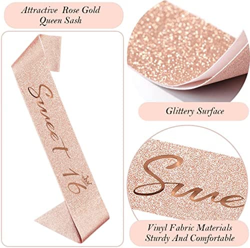 Sweet 16 Birthday Party Decorations for Girls, Sweet 16 Sash and Tiara, Cake Toppers, Number Candles and Balloons, 16th Birthday Gifts for Girls