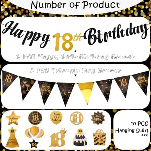Black & Gold 18th Birthday Banner with 10PCS Swirls - Happy 18th Birthday Decorations for Boys & Girls