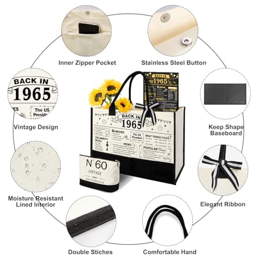 60th Birthday Gifts for Women Canvas Tote Bag Travel Gear, Unique 60 Years Old Gifts for Her Wife Sister Mom Aunt Friends, Vintage N60 Handbag & Cosmetic Bag & Back in 1965 Poster