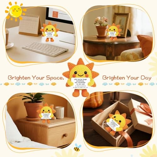 Mini Positive Crochet Sunshine Flowers Emotional Cheer Up Support Gift for Women Friends Coworkers Inspirational Stress Relief Gift Mental Health Positive Present for Birthday Christmas White Elephant