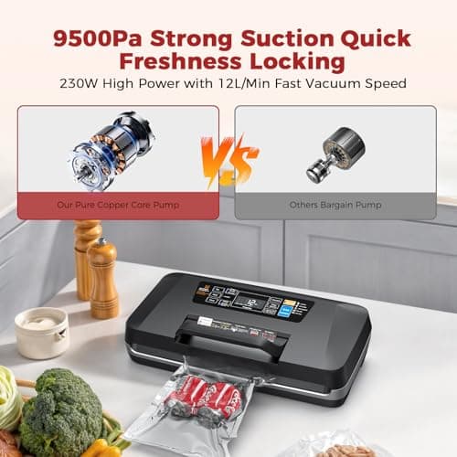 95kpa Vacuum Sealer, Commercial Fully Automatic Food Sealer, Powerful Sealing System, Double Heat Seal, Built-in Cutter and Bag Storage, 1 Roll Bag and 10 Precut Bags