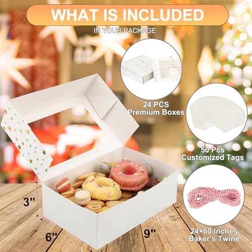 Zzrywuty 24 PCS Christmas Cookie Boxes for Gift Giving Golden Star White Bakery Boxes with Window,Christmas Treat Boxes for Pastry Dessert Cupcakes Mini Cake Pie Candy Donut,Baking Goods Packing Box