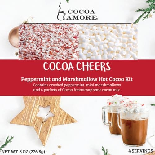 Hot Chocolate Cocoa Mix Gift Kit - Supreme Gourmet Cocoa Mix Packets, Crushed Peppermint & Mini Marshmallows | Instant Drink 4 Servings 8 oz