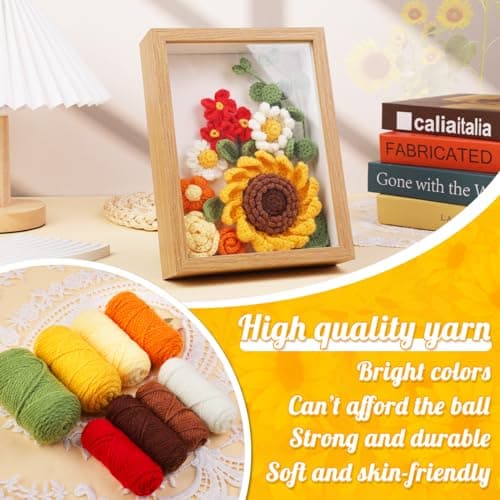 IMZAY Sunflower Crochet Kit with Photo Frame, Sunflower Knitting Weaving Set with Yarn, Hooks, Instruction, Stitching Markers, Fiber Fill, Floral Wire, Crochet Set for Mother's Day, Thanksgiving Day