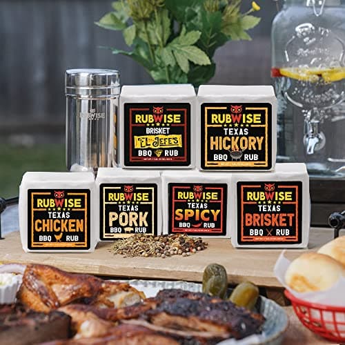 RubWise Texas Style BBQ Rub Gift Set (6 x 1 lb bags) | Meat Spice and Seasoning Variety Pack | Smoking & Grilling Gifts for Men | Brisket Rubs, Chicken, Pork, Hickory, Spicy, El Jefe | Shaker Included