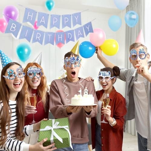 Konsait 18th Birthday Glasses - 18 Pack Blue Silver Paper Glasses 18th Birthday Gifts for Boy, Party Decorations, Accessories & Photo Props