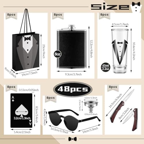 Tioncy 48 Pcs Groomsmen Proposal Gift 8 Engraved Pocket Knife 8 Groomsmen Gift Bags 8 Shot Glasses with Tuxedos 8 Stainless Steel Hip Flask 8 Poker Card Bottle Opener 8 Sunglasses