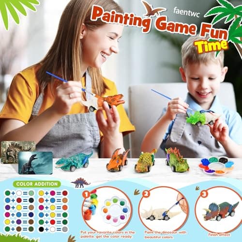 faentwc Dinosaur Painting Toys for Kids 5-7: 2 in 1 Dino Arts Painting Kits and Pull Back Cars Toy for Boys 4 5 6 7 8 9 10 Year Old Art & Craft Set for Girl DIY Easter Birthday Gifts for Kid Age 3-12