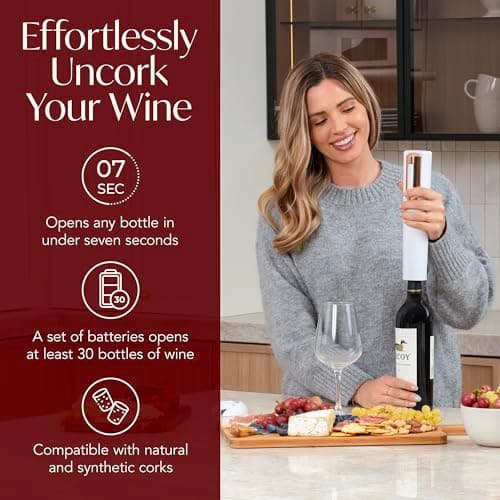 Electric Wine Opener Battery Operated with Stand and Built-in Foil Cutter - Automatic Wine Opener - Electric Corkscrew for Easy Cork Removal - Best Gift for Wine Lover (White & Rose Gold)