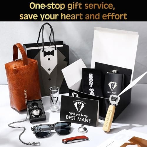 13 Pcs Best Man Proposal Gift Set Stainless Steel Flask Box Bag Shot Glass Bottle Opener Pocket Watch Sunglasses Knife Sock Card Toiletry Bag for Wedding