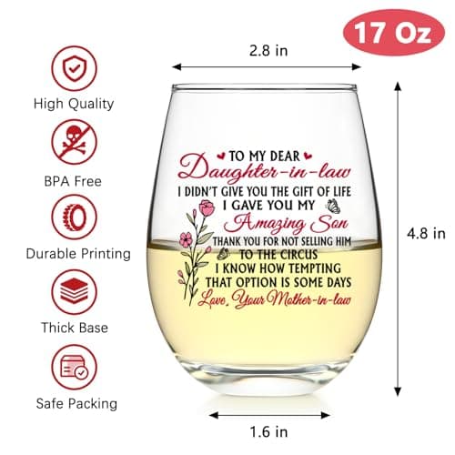 Futtumy Funny Daughter in Law Gifts, To My Dear Daughter-in-laws Stemless Wine Glass for Son's Wife, Mothers Day Birthday Christmas Gifts from Mother-In-Laws, 17 oz