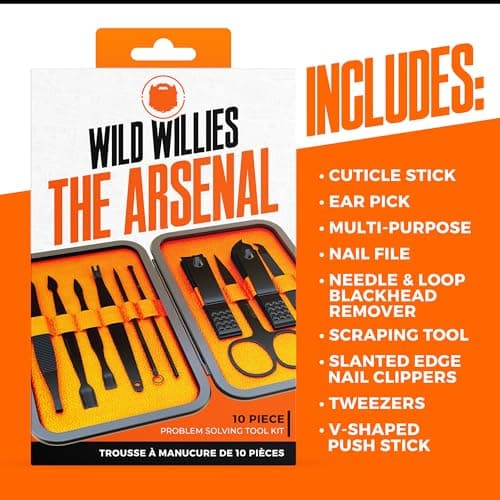 Wild Willies 10-Piece Pedicure & Manicure Kit for Men & Women - Includes Nail Clippers, Scissors, Tweezers, Files - Compact Travel Nail Grooming Kit, Mens Nail Care Set