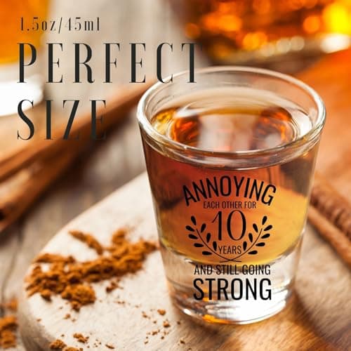 Onebttl Anniversary Cups for Couples, 10 Years Anniversary Funny Gifts for Boyfriend Girlfriend, 1.5 oz (45 ml) Shot Glasses Set of 2 - Annoying Each Other But Still Strong, Transparent