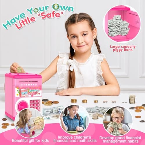 Pink Piggy Bank for Kids with Password Code Lock and Auto Grab Bill Slot, PhilaeEC Real Money Cash Coin Can Saving Box Electronic Money Safe Bank, Hot Gift for 4 7 8 9 10 11 Year Old Boys Girls