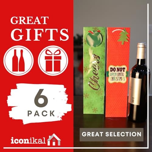 Iconikal 6-Pack Christmas Wine Bottle Gift Bags, Heavy-Duty with Ribbon Handles, Assorted Holiday Designs - Ideal for Festive Xmas Gifting, Parties & Bulk Wrapping