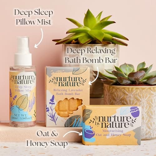 NURTURE BY NATURE Relax & Calm Christmas Gift Basket – Spa Gifts for Women with Bath Bomb, Hand Cream, Lavender Pillow Mist & Scented Candle - Vegan - Stocking Stuffers, Holiday Gifts, Gifts for Mom