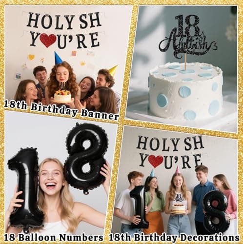 Funny 18th Birthday Decorations for Girls Boys - Glitter 18th Birthday Banner, Adultish Cake Topper &18 Balloon Numbers Set - 18 Years Old Gifts Party Decorations Supplies