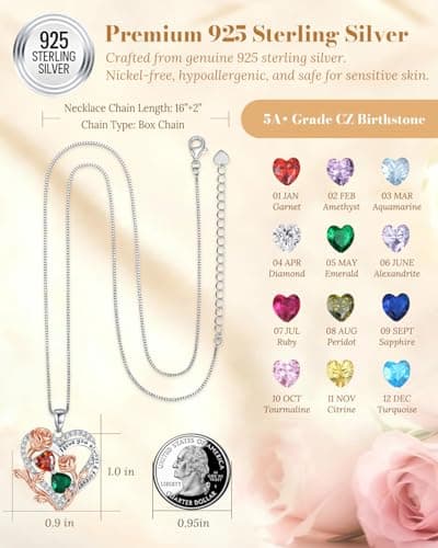 I Love You Birthstone Necklace, 925 Sterling Silver Heart Pendant with CZ Diamond Stones, Birthday Gifts for Women, Romantic Gift for Wife, Girlfriend, Her, Anniversary, Valentine's Day, Christmas