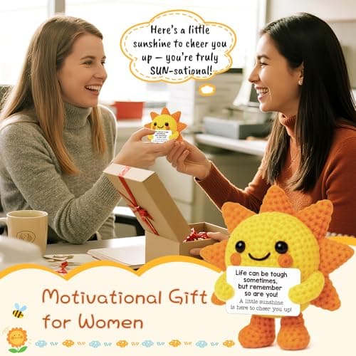 Mini Positive Crochet Sunshine Flowers Emotional Cheer Up Support Gift for Women Friends Coworkers Inspirational Stress Relief Gift Mental Health Positive Present for Birthday Christmas White Elephant