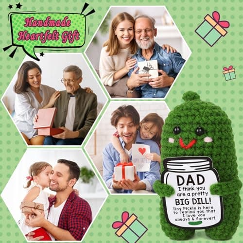 Fathers Day Gifts from Daughter or Son - Funny Crochet Pickle Plush with Big Dill Card - Unique Handmade Gift for Dad, Birthday, Christmas, New Dad Present