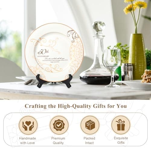 50th Anniversary Wedding Gifts for Couples Parents - 50 Year Marriage Plate with 24k Gold Foil, Golden Keepsake Gift, Ceramic 9 inch
