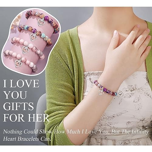 𝗚𝗶𝗳𝘁𝘀 𝗳𝗼𝗿 𝗪𝗼𝗺𝗲𝗻 𝗜𝗻𝗳𝗶𝗻𝗶𝘁𝘆 𝗟𝗼𝘃𝗲 𝗛𝗲𝗮𝗿𝘁 𝗕𝗿𝗮𝗰𝗲𝗹𝗲𝘁 Christmas Birthday Gifts for Sister Daughter Granddaughter Grandma, Natural Colorful Imperial Jasper Bracelet for Mom Wife Nana Aunt