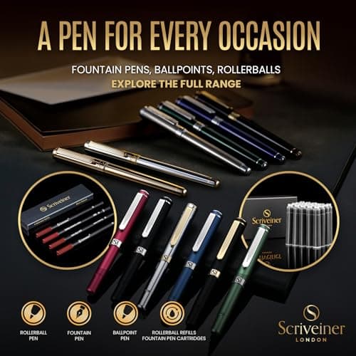 Scriveiner Silver Chrome Rollerball Pen - Stunning Luxury Pen, Real Gold Plating, Schmidt Ink Refill, Best Roller Ball Pen Gift Set for Men & Women, Professional, Executive Office, Fancy Pens