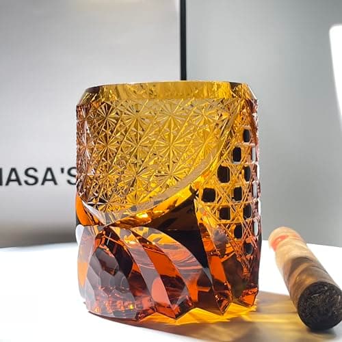 suigetsu Japanese Crystal Whiskey Glass, Cut Crystal Pattern, Luxury Cocktail Glassware (Amber)