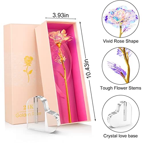 Beferr Gifts for Women Mom Galaxy Rose Glass Crystal Flowers with Heart-Shaped Base Eternal Roses Forever Flowers Mother's Birthday Gifts for Grandma Daughters Wife Sister Kids