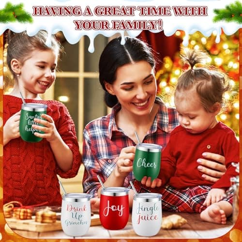 12 Pcs Christmas Wine Tumbler Set, 12 Oz Stainless Steel Double Wall Vacuum Insulated Coffee Mug Stemless Xmas Wine Glasses With Lid Straw Brushes for Women Friends Men Travel Gifts (Texts)