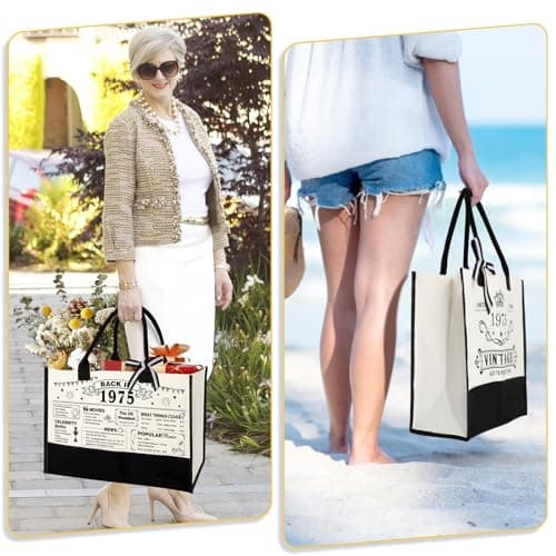 50th Birthday Gifts for Women Canvas Tote Bag Travel Gear, Unique 50 Years Old Gifts for Wife Sister Mom Aunt Friends Her, Vintage 1975 Handbag & Cosmetic Bag & Back in 1975 Poster