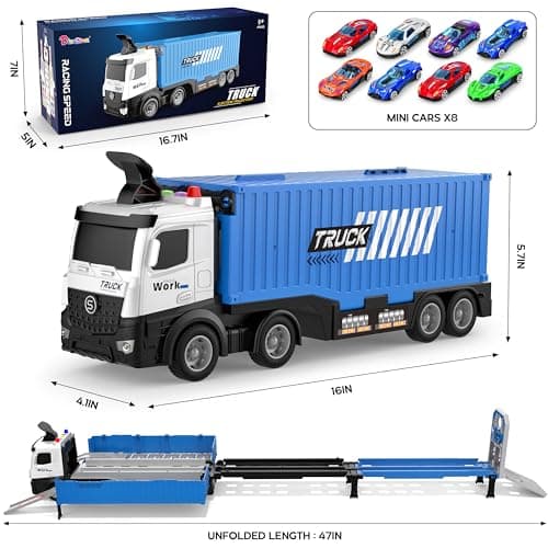 Carrier Truck Race Track Toddlers Toys, Foldable 3 Layer Track Playset, Toy Truck Transport Car Carrier & 8 Race Cars, Truck Car Kids Toys Xmas Gifts for Age 3 4 5 6+ Years Old Boys Girls