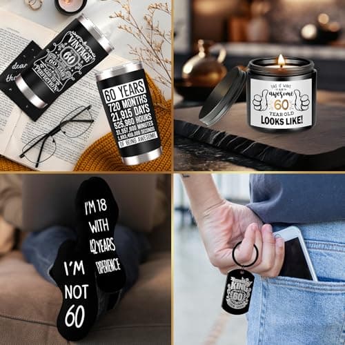 60th Birthday Gifts for Men - Unique Box with 20 Oz Tumbler, Scented Candle, Socks, Baseball Cap for Husband, Dad, Grandpa, Friends, Teachers, Boss