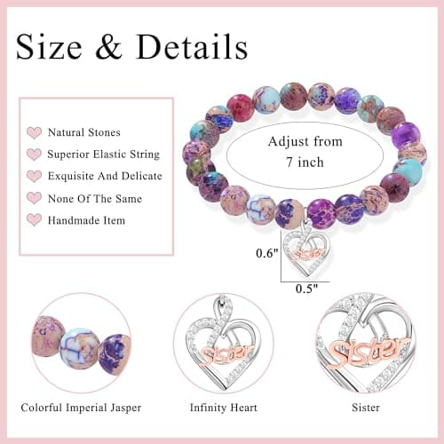 𝗚𝗶𝗳𝘁𝘀 𝗳𝗼𝗿 𝗪𝗼𝗺𝗲𝗻 𝗜𝗻𝗳𝗶𝗻𝗶𝘁𝘆 𝗟𝗼𝘃𝗲 𝗛𝗲𝗮𝗿𝘁 𝗕𝗿𝗮𝗰𝗲𝗹𝗲𝘁 Christmas Birthday Gifts for Sister Daughter Granddaughter Grandma, Natural Colorful Imperial Jasper Bracelet for Mom Wife Nana Aunt