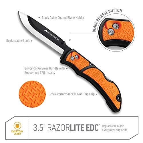 OUTDOOR EDGE OUTDOOR EDGE 3.5" RazorLite EDC Knife. Pocket Knife with Replaceable Blades and Clip. The Perfect Hunting Blade for Skinning Deer. Blaze Orange with 6 Blades